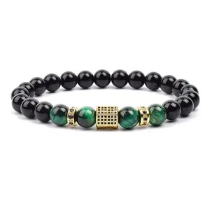 Men's green tiger eye and black bead bracelet with cubic zirconia gold spacer jewelry