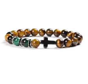 8mm tiger eye stone and green chalcedony cross bracelet detail view, gemstone beading.