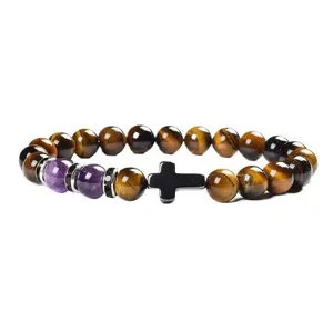 Natural tiger eye stone and chalcedony cross beaded bracelet for men and women daily wear.