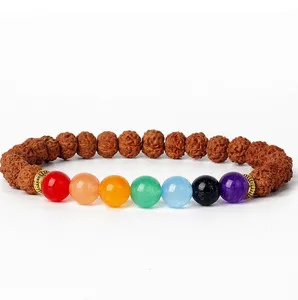 7mm Rudraksha chakra stone beaded bracelet, colorful gemstone meditation prayer jewelry.