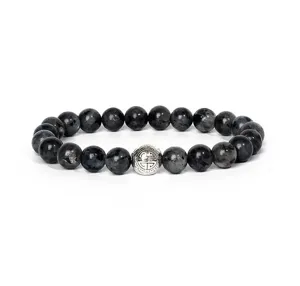 Detailed view of a natural labradorite beaded bracelet with an antique silver alloy spacer.
