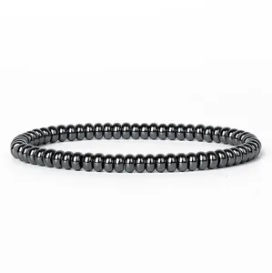 Close-up detail of faceted hematite abacus beads bracelet showing metallic polished finish.