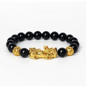 Bracelet en perles d'obsidienne noire avec pendentif Pixiu or, bijoux feng shui élastique 8mm.
