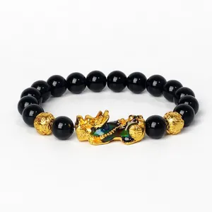 Bracelet de perles noires avec charm Pixiu doré, bracelet élastique porte-bonheur traditionnel unisexe.