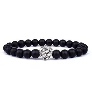 Heren Natuurlijke Vulkaangesteente Agaat Kralen Armband Leeuw Uil Spartaand Kroon Bedel Yoga Armbanden Mode Sieraden