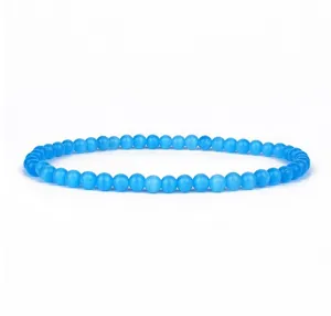4mm Blue Cat Eye Stone Beaded Bracelet Yoga Meditation Jewelry Detail Shot for Women and Men