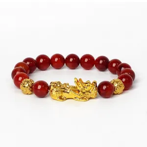 Bracelet en perles d'agate rouge avec pendentif Pixiu doré et perles pièces, élastique.