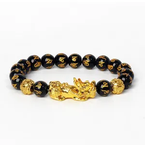 Bracelet en perles d'obsidienne noire avec charm Pixiu doré et mantra gravé pour mode unisexe