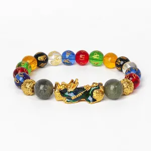 Bracelet de perles coloré mantra à six syllabes avec Pixiu doré et breloques porte-bonheur.