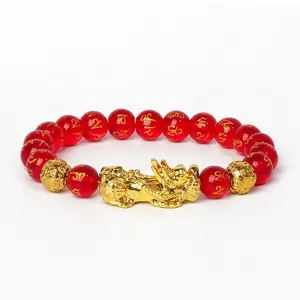 Bracelet Pixiu en agate rouge avec perles mantra dorées, bijou élastique spirituel de 8 mm.