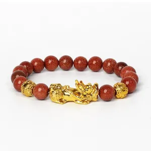 Bracelet Pixiu en grès doré avec design élastique, bijou traditionnel chinois de chance.