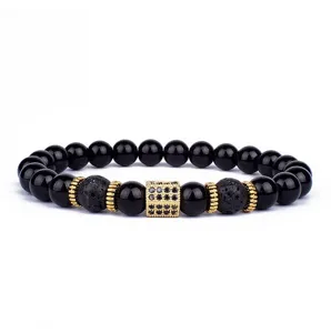 8mm Vulkanische Steen Agaat Kralen Armband met Goud Paved Charm Yoga Sieraden