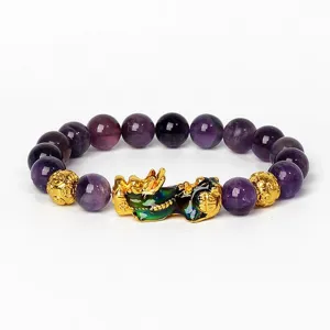 Bracelet en perles de cristal améthyste violette Pi Xiu plaqué or bijou élastique