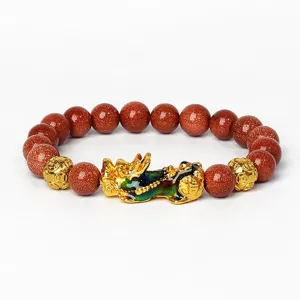 Bracelet en perles de pierre dorée Pixiu pour la richesse, bijoux vintage élastiques.