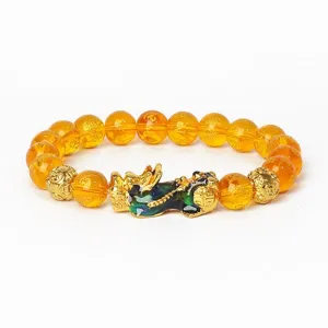 Bracelet Pixiu doré avec perles mantra jaunes bijou de chance feng shui traditionnel