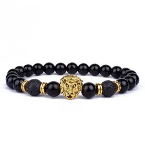 Heren goud leeuwenkop zwarte lavasteen en agaat kralen armband yoga sieraden set