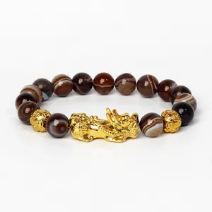 Bracelet Pixiu en agate rouge 8mm Bracelet de perles en pierre precieuse dore Bijou
