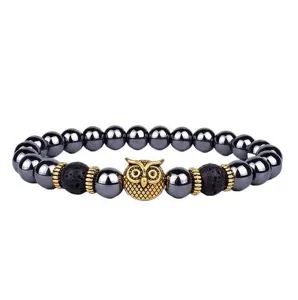 8mm Vulkanische steen kraal armband met gouden uil bedel yoga sieraden voor dames heren