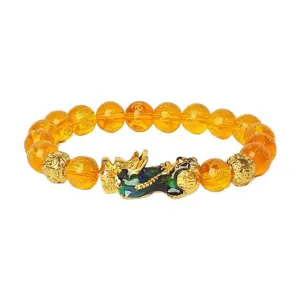 Bracelet grigri Pi Xiu doré avec perles mantra jaunes, bijoux traditionnels feng shui.