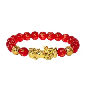 8mm Bracelet Pixiu en Agate Rouge Mantra Six Sillabes Perles Dorées Élastique Chanceux