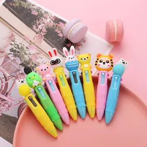 Cute cartoon 4-color ballpoint pen, mini portable press multi-color pen for journal and writing.