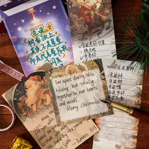 Set de papelería navideña con tarjetas vintage, notas y sobres para diarios y decoración DIY.