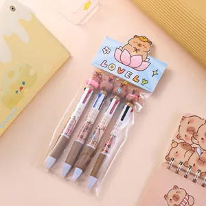 Set di 4 penne a sfera multicolore Capybara carine per scrittura e cancelleria scolastica.