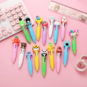 Cute multi-color cartoon ballpoint pens detail view, multi-animal press design for journaling.