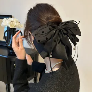 Pince à Cheveux Grand Nœud en Satin Style Français Vintage à Pois Léopard avec Ruban pour Femmes Accessoires Cheveux Élégants