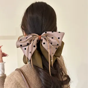 Barrette à cheveux nœud géant à pois avec rubans pour coiffure élégante en queue de cheval