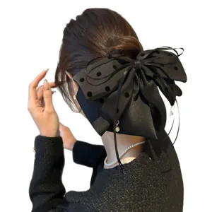 Grande barrette à cheveux nœud noir à pois avec pendentifs en cristal élégants pour femmes