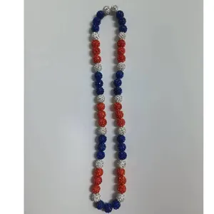 Close-up of red white and blue 10mm clay rhinestone Shamballa bead necklace