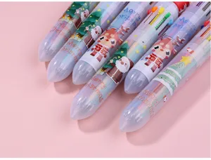 Close-up of multi-color Christmas ballpoint pens with cute Santa and reindeer cartoon designs.