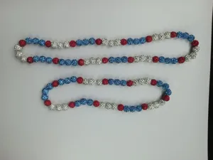 Detail view of 10mm red white and blue disco ball shamballa necklace and bracelet set