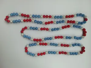 Close-up of 10mm red white and blue rhinestone Shamballa bead necklace and bracelet set
