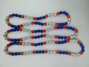 Red white and blue 10mm rhinestone shamballa bead necklace for hip-hop fashion jewelry