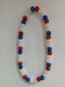 Detailed view of patriotic red, blue and white Shamballa clay rhinestone bead necklace