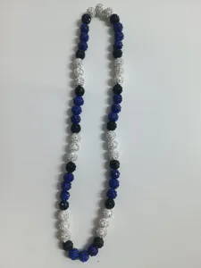 Close-up detail of 10mm blue black and AB white rhinestone shamballa bead necklace