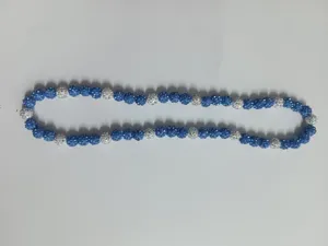 Detail of 10mm Shamballa bead necklace with blue and white AB rhinestones for hip hop style
