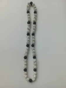 Detail of 10mm black and white Shamballa bead necklace with sparkling rhinestones