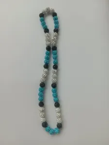 Detailed macro view of 10mm blue black white Shamballa rhinestone bead necklace