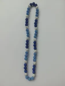 Detailed view of 10mm Shamballa bead necklace with blue and white sparkling rhinestones