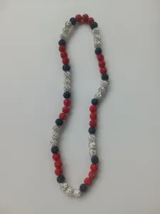 Detailed view of 10mm red, white and blue Shamballa bead necklace with rhinestones