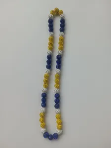 Sparkling 10mm blue and yellow Shamballa disco ball bead necklace close-up detail.