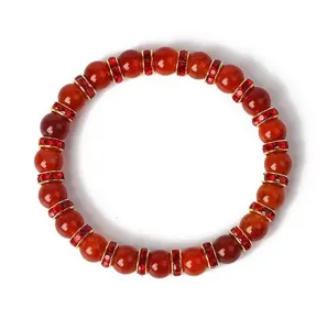 8mm Rotes Achat Edelstein Perlen Armband mit glänzenden Strass Abstandshelern Schmuck