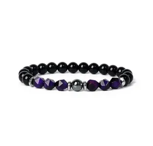8mm purple faceted tiger eye and black stone beaded bracelet yoga meditation jewelry gift