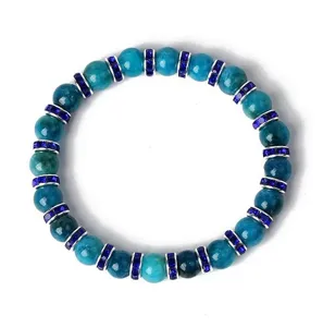 Blauer Chalzedon Perlenarmband mit glitzernden Strass Zwischenringen Yoga Edelstein Schmuck