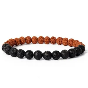 Natural 7mm Rudraksha and Black Volcanic Stone Beaded Bracelet Meditation Jewelry Item