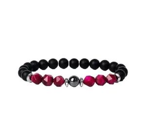 Matte black and faceted magenta tiger eye beaded bracelet with metal spacers for men women