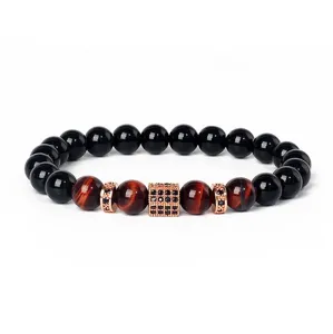 Charming 8mm natural stone bracelet with red tiger eye, black beads and zircon spacers.